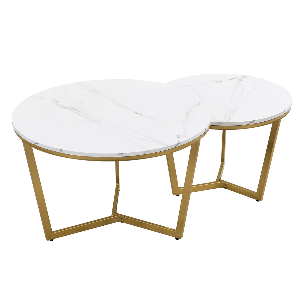 Leoglint Modern Round Nesting Coffee Table Set 2-Piece White & Marbling Top Gold Base