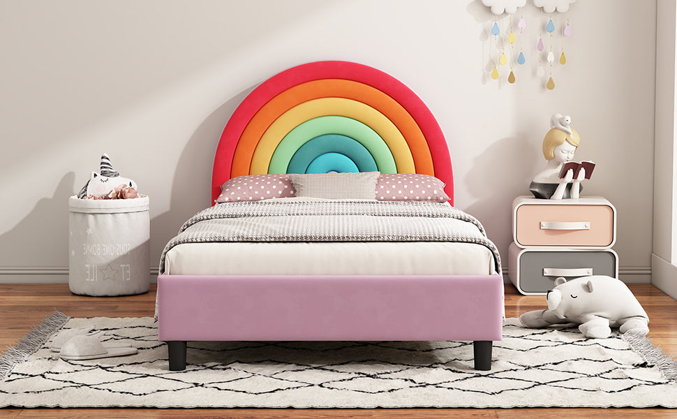 Rainbow Design Upholstered Twin Platform Bed Frame Cute Style Princess Bed for Boys & Girls, Teens, Colorful & Pink