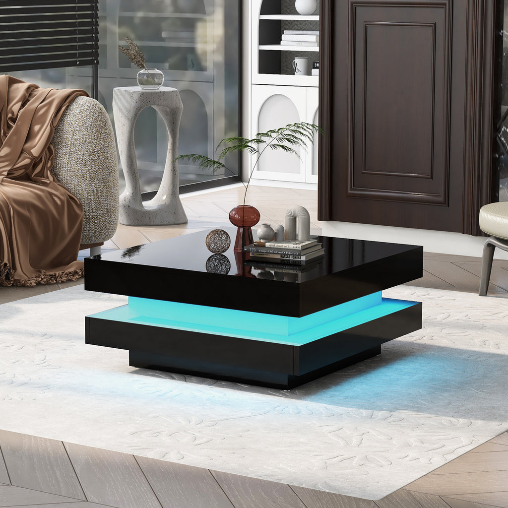 Leoglint ON-TREND High Gloss Minimalist Design with LED Lights, 2-Tier Square Coffee Table, Center Table for Living Room, 31.5''x31.5''x14.2'',Black