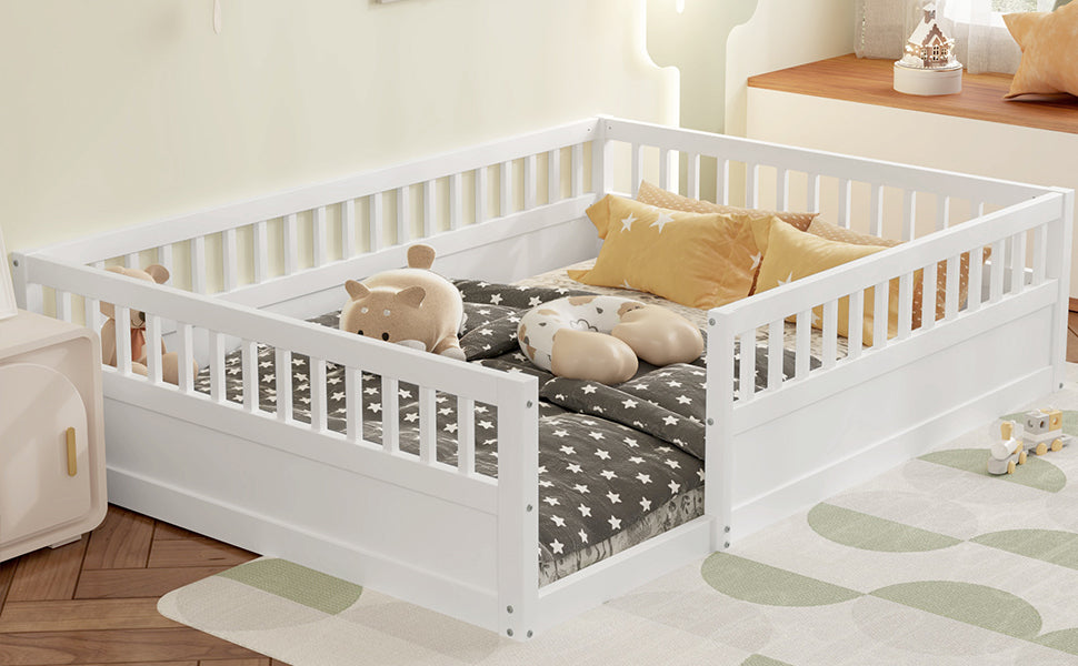 Leoglint Full Floor Bed Frame with Fence, Wood Kids Floor Beds Frame for Bedroom Playroom,White(Expect arrive date Jul. 10th)