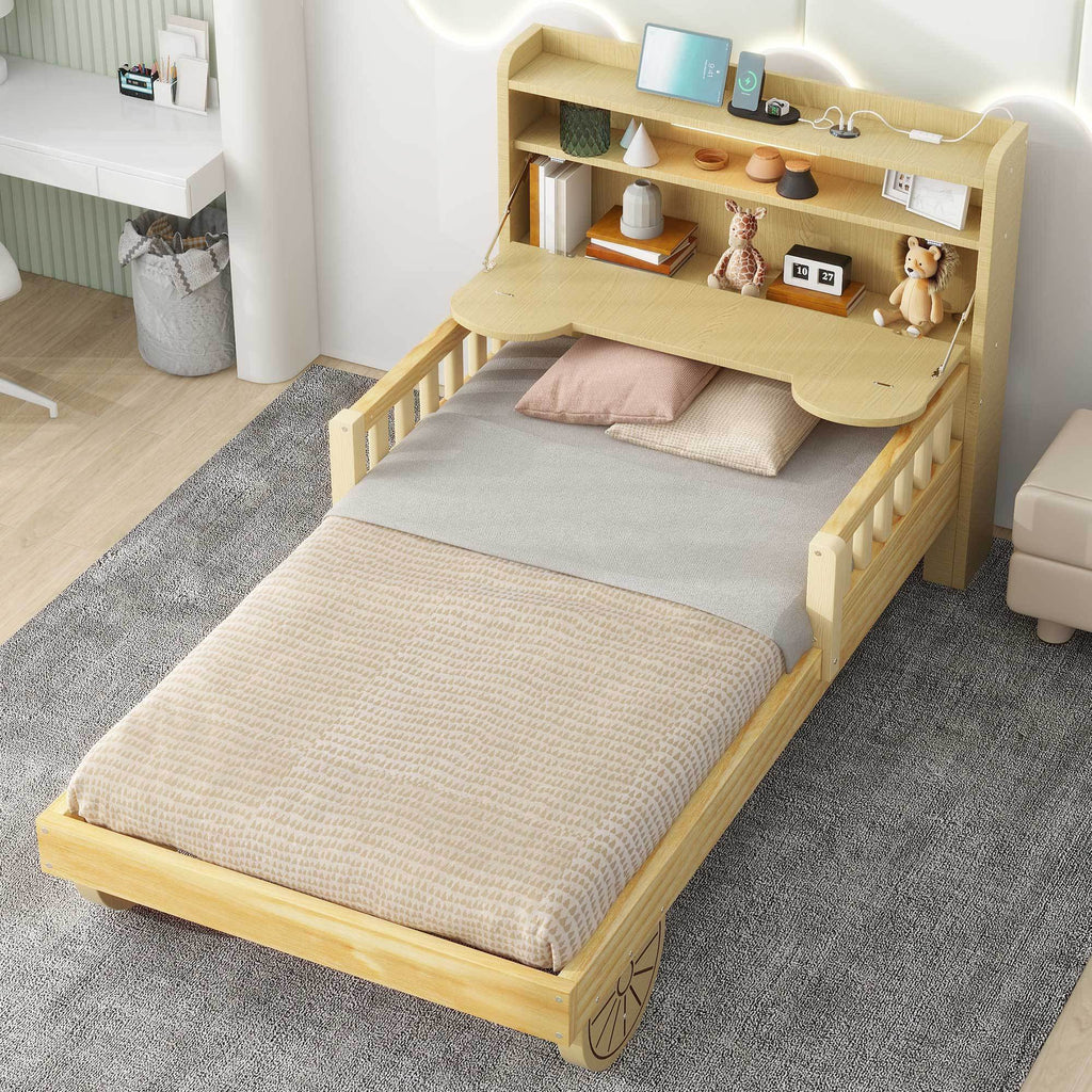 Leoglint Twin Size Car Bed Frame with Bear-Shaped Headboard, USB and LED, Natural