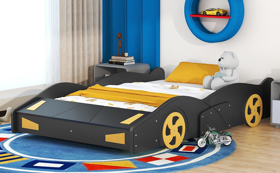 Leoglint Full Size Race Car-Shaped Platform Bed with Wheels and Storage, Black+Yellow