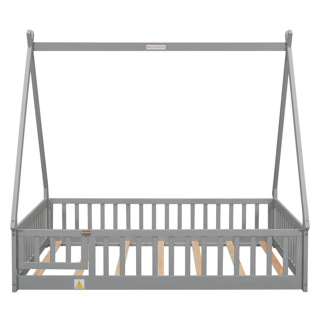 Leoglint Full Tent-shaped Floor Bed Frame, with Guardrails, Slats, Door ,Grey