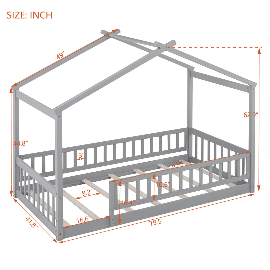 Leoglint Twin Size Wood Bed House Bed Frame with Fence, for Kids, Teens, Girls, Boys, Gray