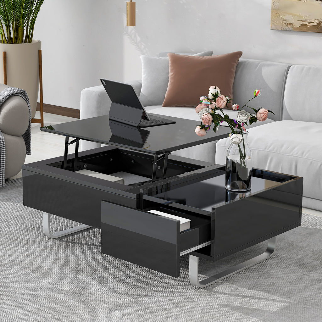 Leoglint [VIDEO provided] ON-TREND Multi-functional Coffee Table with Lifted Tabletop, Contemporary Cocktail Table with Metal Frame Legs, High-gloss Surface Dining Table for Living Room, Black