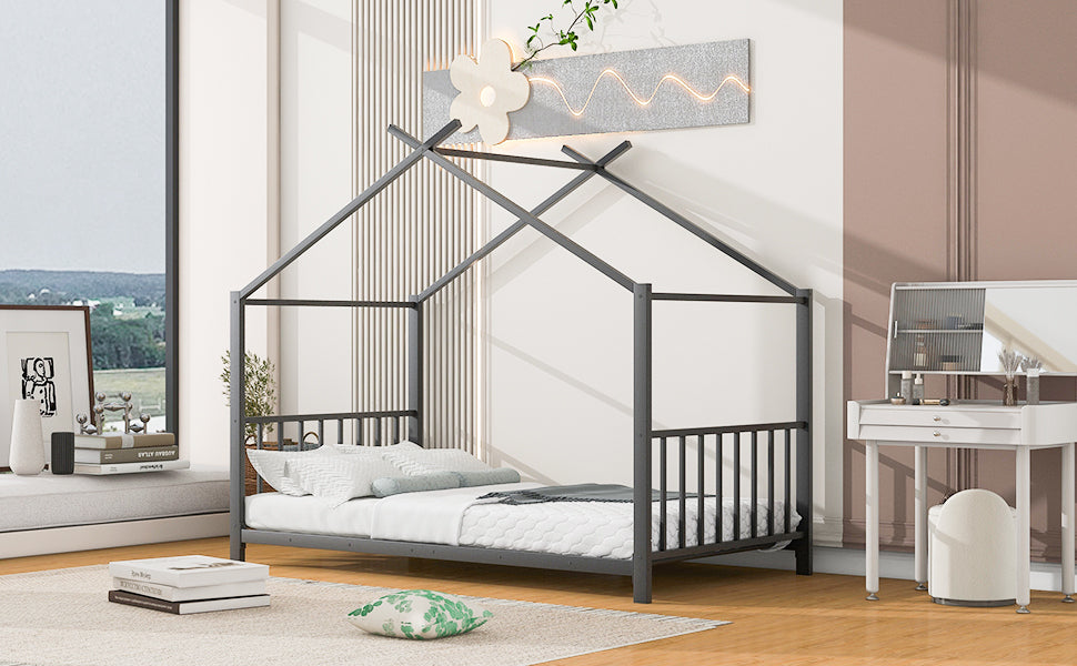 Leoglint Twin Size Metal House Platform Bed Frame, Black