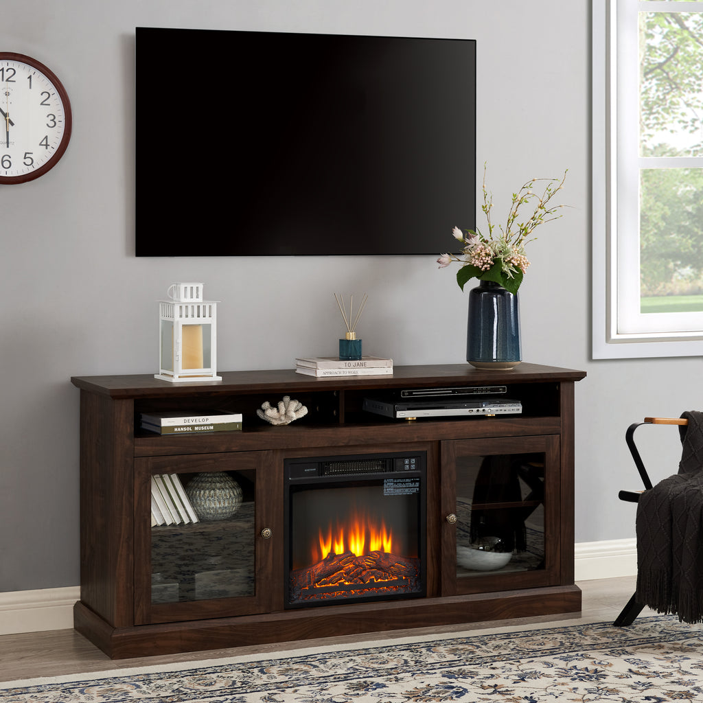 Leoglint Contemporary TV Stand Modern Entertainment Console with 18" Fireplace Insert for TV Up to 65" with Open and Closed Storage Space, Brown, 60"W*15.75"D*29"H