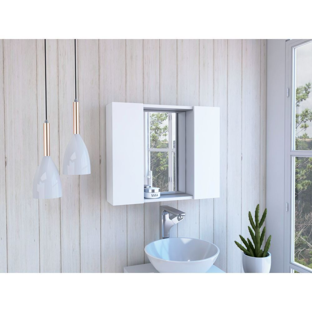 Leoglint Medicine Cabinet Hops, Double Door, Mirror, One External Shelf, White Finish