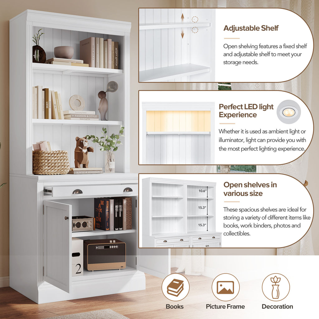 Leoglint 83.4"Tall Bookshelf with LED Lighting, Modern Bookcase with 2 Doors and 1 Drawer,Storage Bookcase with Open Shelves for Living Room,Home Office,White