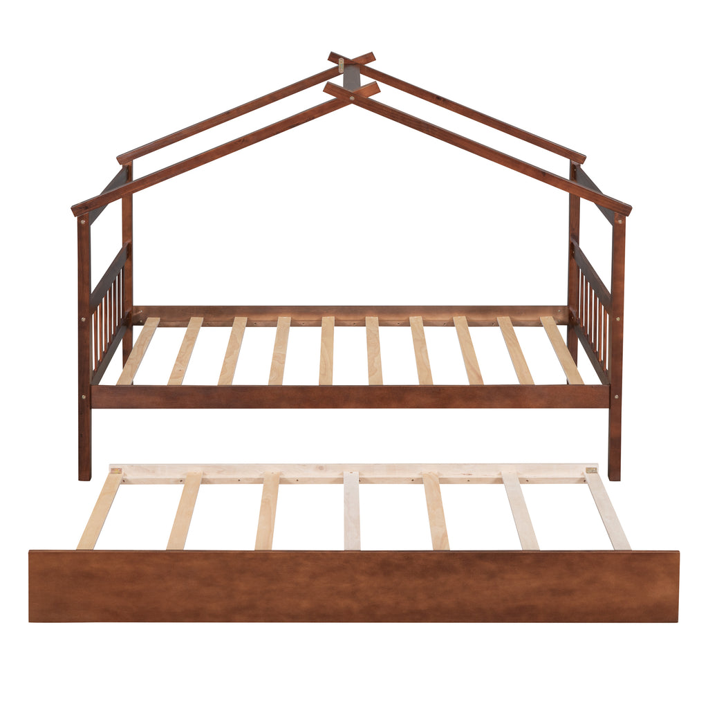 Leoglint Twin Size Wooden House Bed Frame with Twin Size Trundle, Walnut