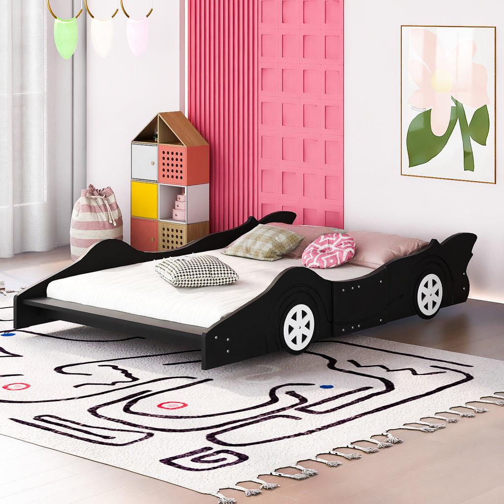 Leoglint Full Size Race Car-Shaped Platform Bed Frame with Wheels,Black