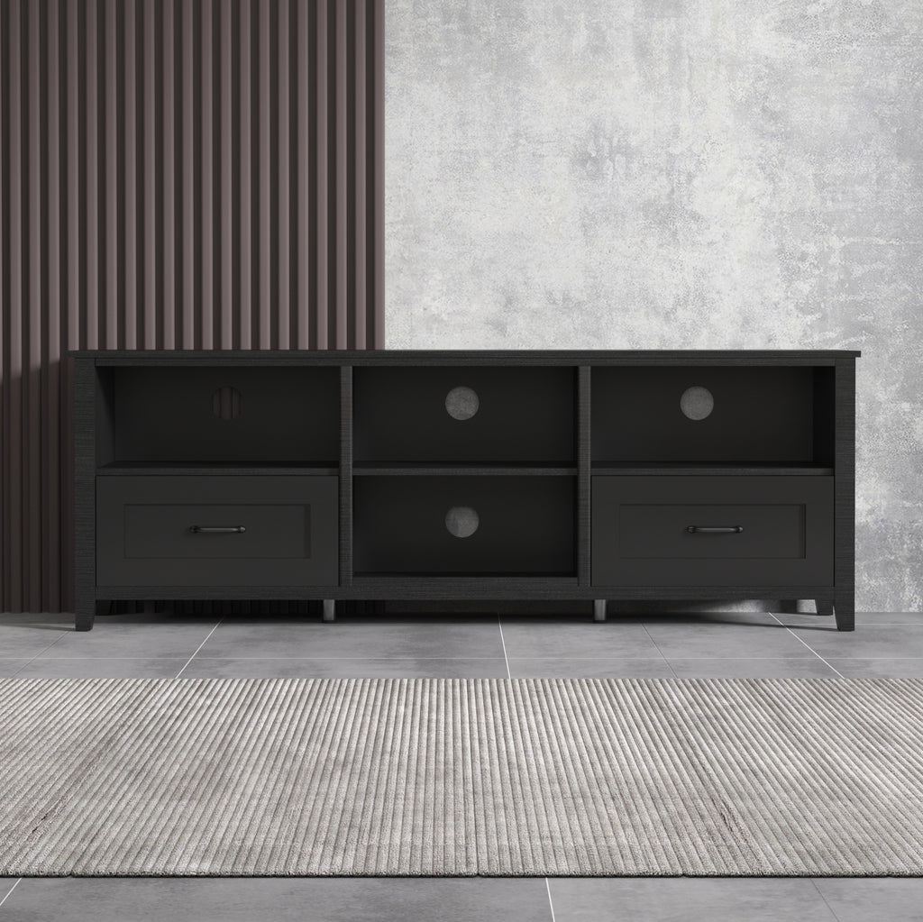 Leoglint 70.08 Inch Length Black TV Stand for Living Room and Bedroom, with 2 Drawers and 4 High-Capacity Storage Compartment.