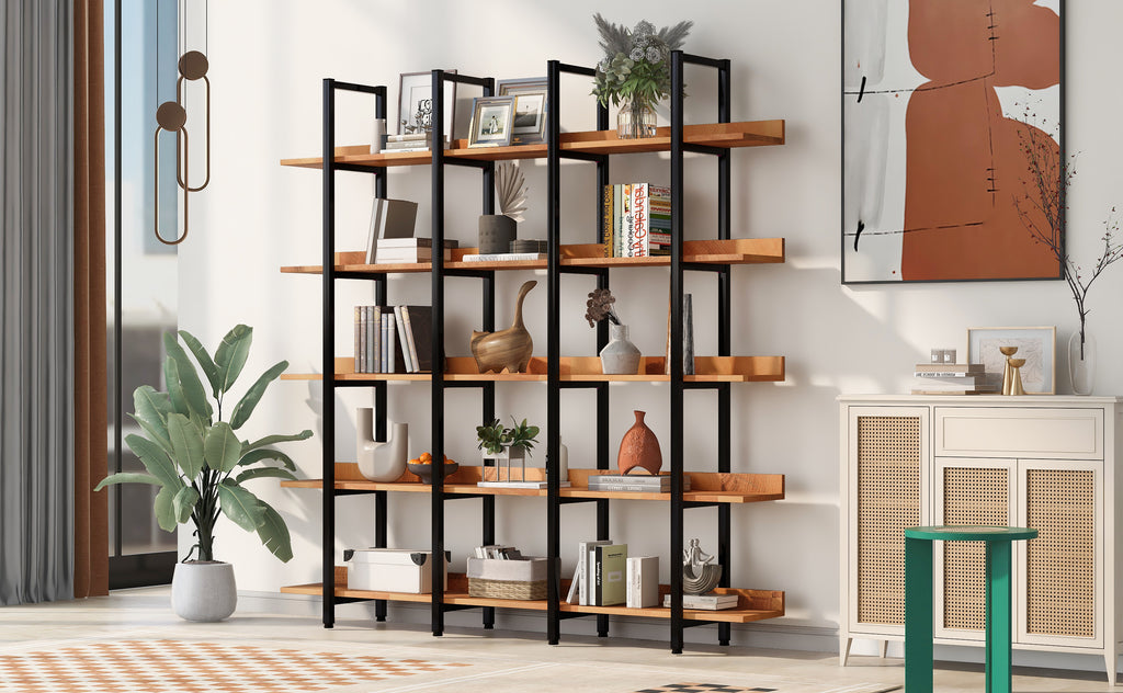 Leoglint 5 Tier Bookcase Home Office Open Bookshelf, Vintage Industrial Style Shelf, MDF Board, Black Metal Frame, Brown