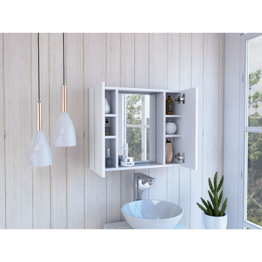 Leoglint Medicine Cabinet Hops, Double Door, Mirror, One External Shelf, White Finish