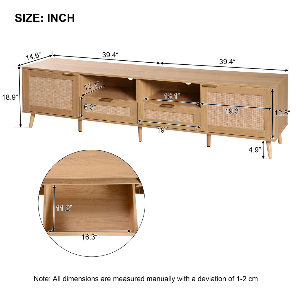 Leoglint Rattan TV Stand for TVs up to 85'', Modern Farmhouse Media Console, Entertainment Center with Solid Wood Legs, TV Cabinet for Living Room,Home Theatre