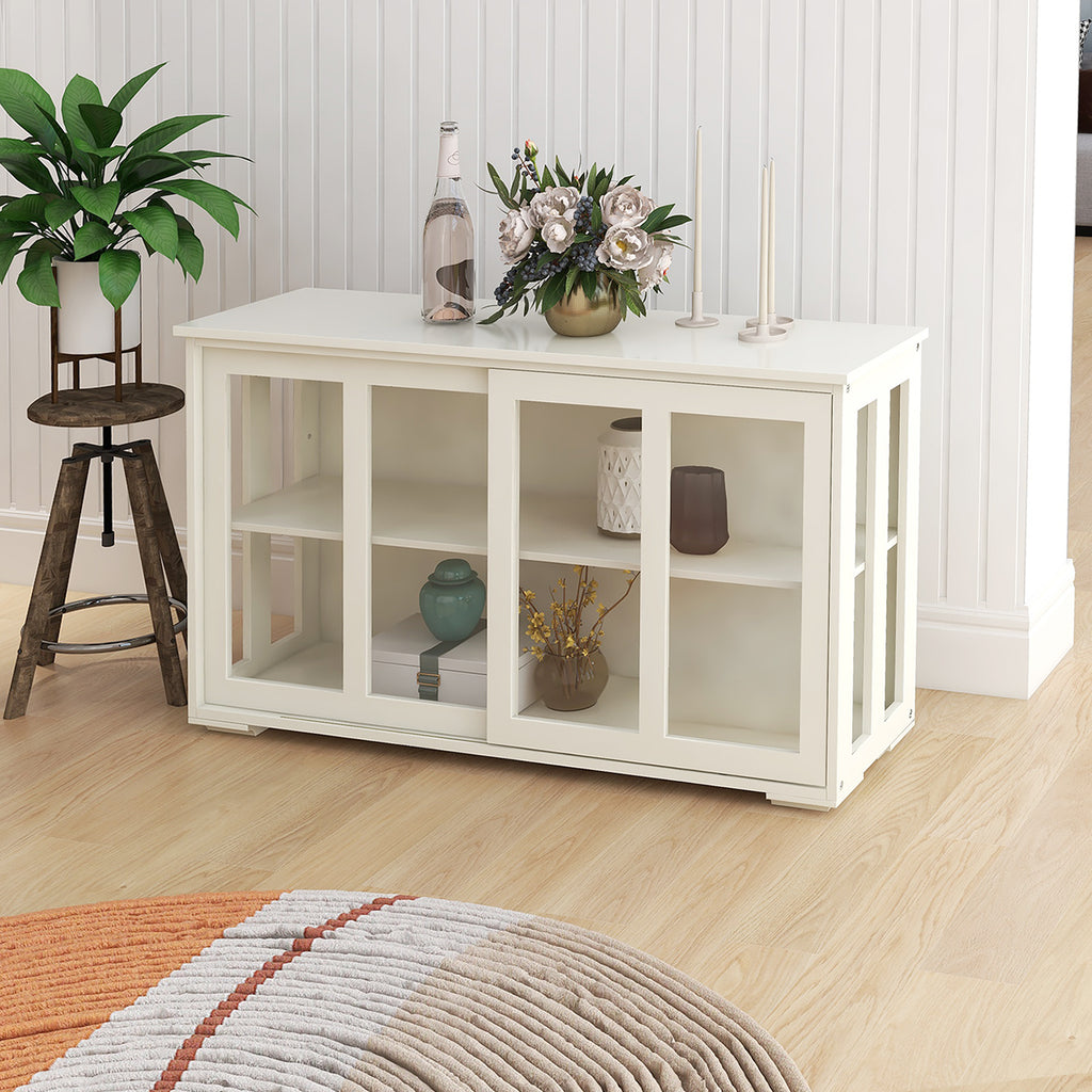 Leoglint Sideboard Kitchen Storage Stand Cupboard With Glass Door-White