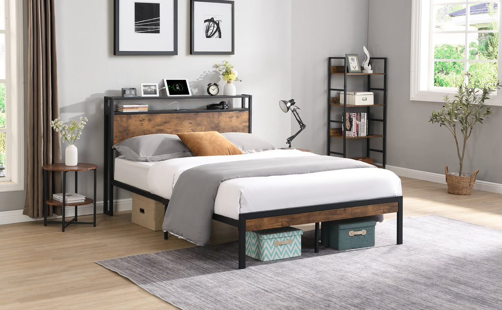 Leoglint King Size Metal Platform Bed Frame with Wooden Headboard and Footboard with USB LINER, No Box Spring Needed, Large Under Bed Storage, Easy Assemble