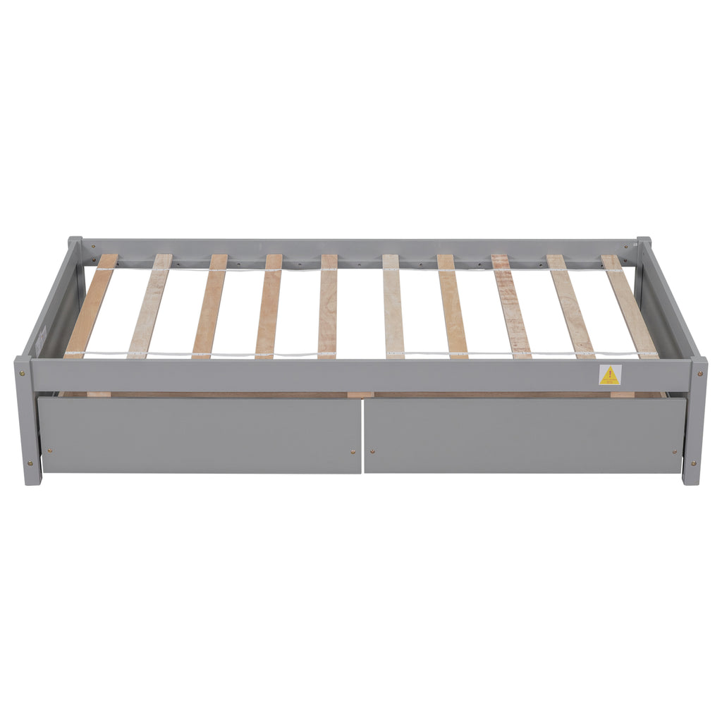 Twin Bed Frame with 2 Drawers, Solid Wood, No Box Spring Needed ,Grey(New SKU:W504P149041)