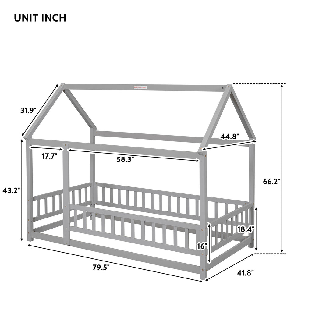 Leoglint Twin Size Floor Wooden Bed Frame with House Roof Frame, Fence Guardrails,Grey(Old SKU:W1791106614)