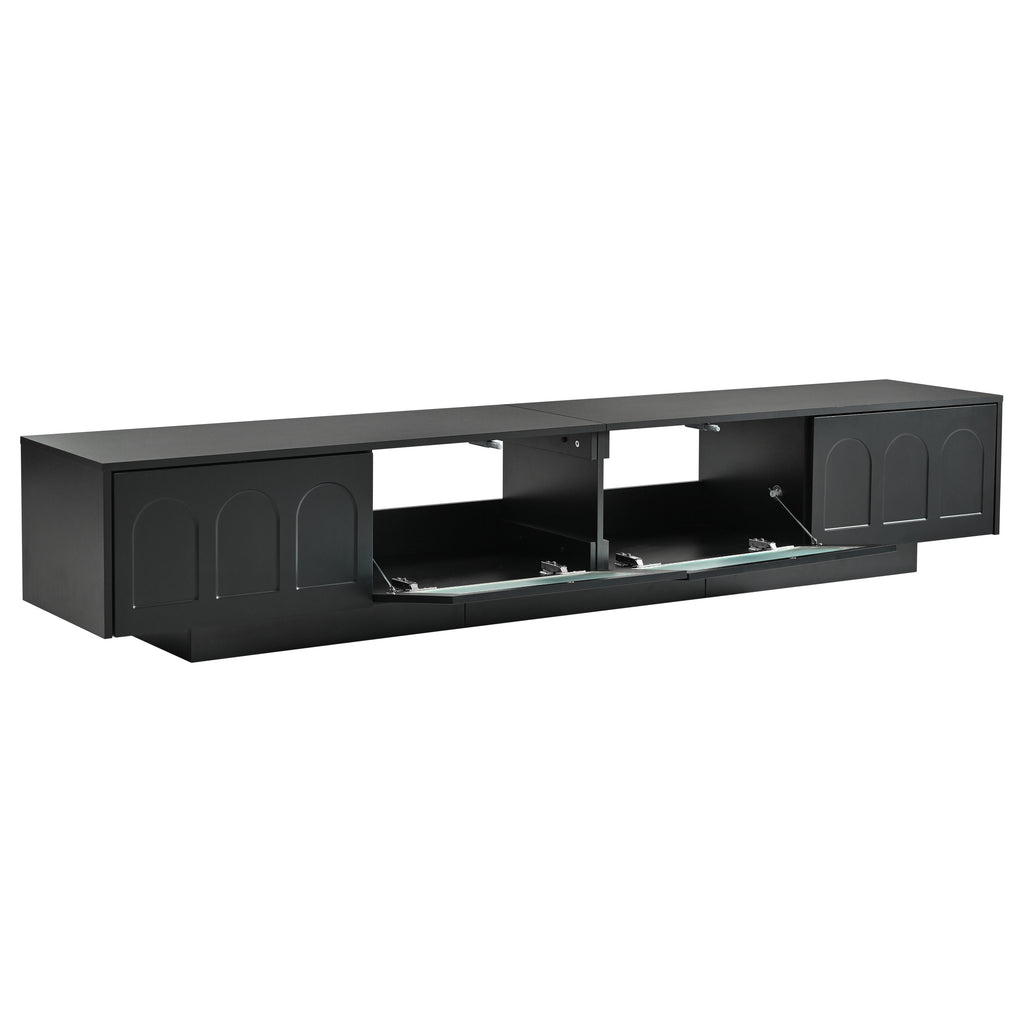 Leoglint ON-TREND TV Stand with Fluted tempered Glass Doors for TVs Up to 95'', Functional Media Console with Arched Cabinet Doors, Entertainment Center with APP-Controlled LED Light for Living Room, Black