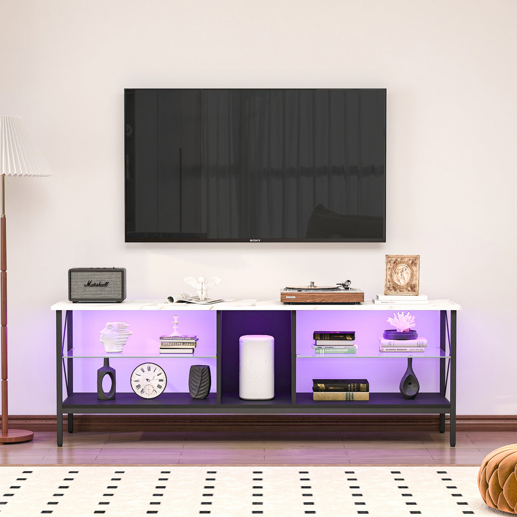 Leoglint TV stand,Iron TV cabinet,entertainment center, TV set, media console, with LED lights, remote control,toughened glass stand,can be placed in the living room, bedroom, color:white with marble texture