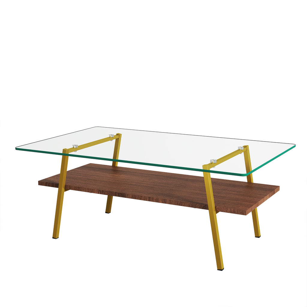 Leoglint Rectangle Coffee Table, Tempered Glass Tabletop with Gold Metal Legs, Modern Table for Living Room , Transparent Glass