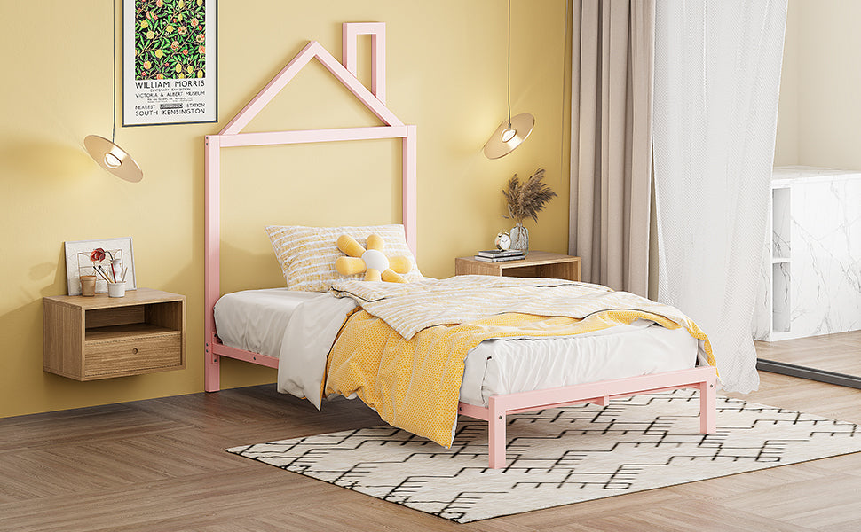 Leoglint Twin Size Metal Platform Bed Frame with House-Shaped Headboard Design, Pink