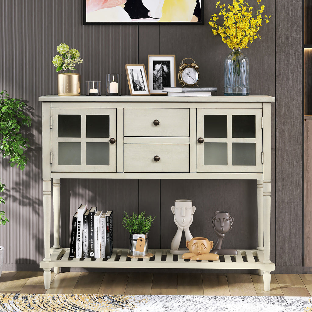 Leoglint TREXM Sideboard Console Table with Bottom Shelf, Farmhouse Wood/Glass Buffet Storage Cabinet Living Room (Antique Grey)