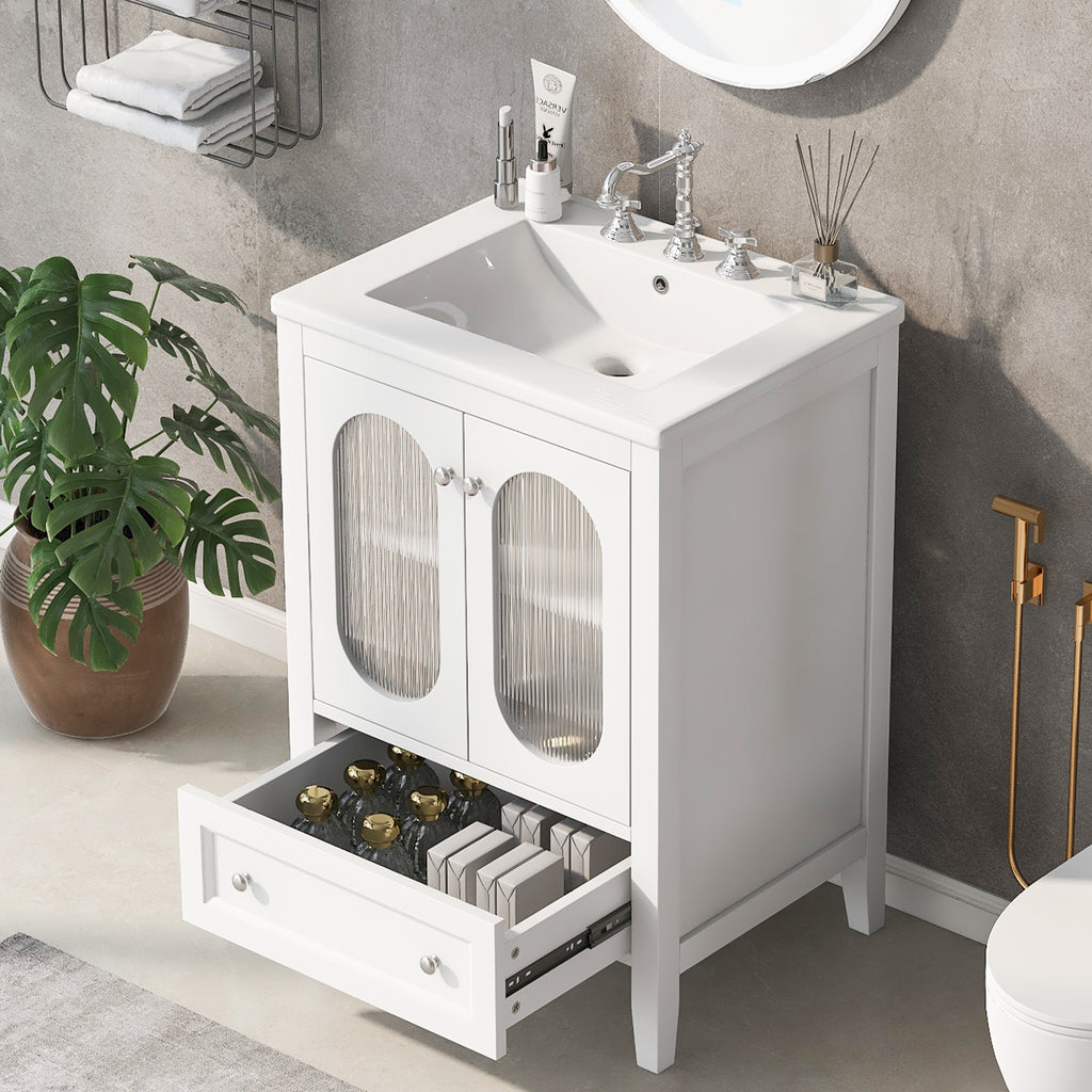 Leoglint 24" Bathroom Vanity with Sink, Bathroom Vanity Cabinet with One Drawer and Doors, Adjustable Shelf, Solid Wood and MDF, White