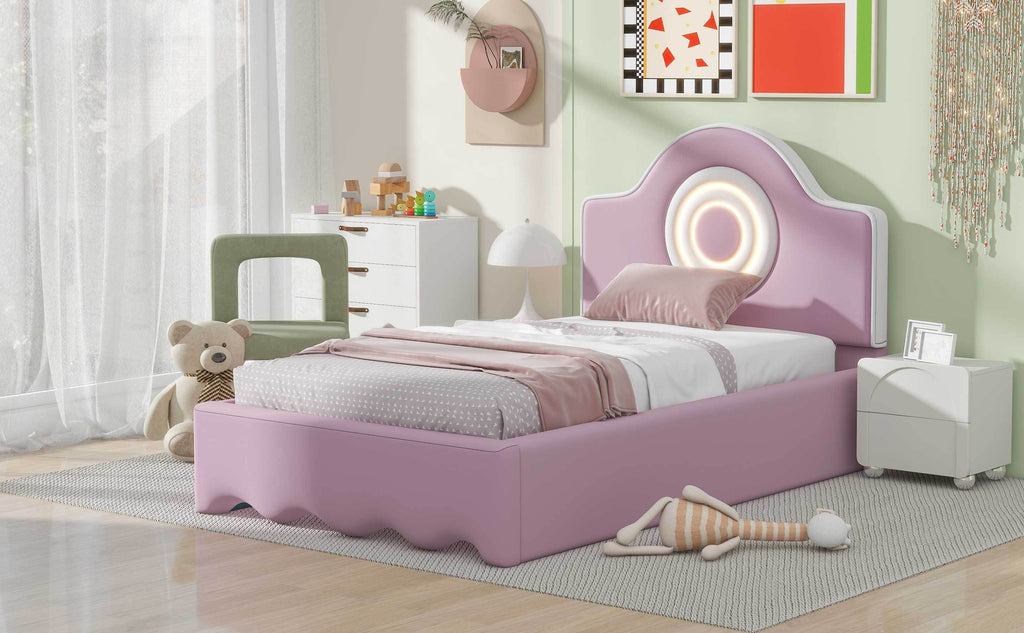 Leoglint Twin Size Upholstered Platform Bed Frame with LED Headboard, Pink