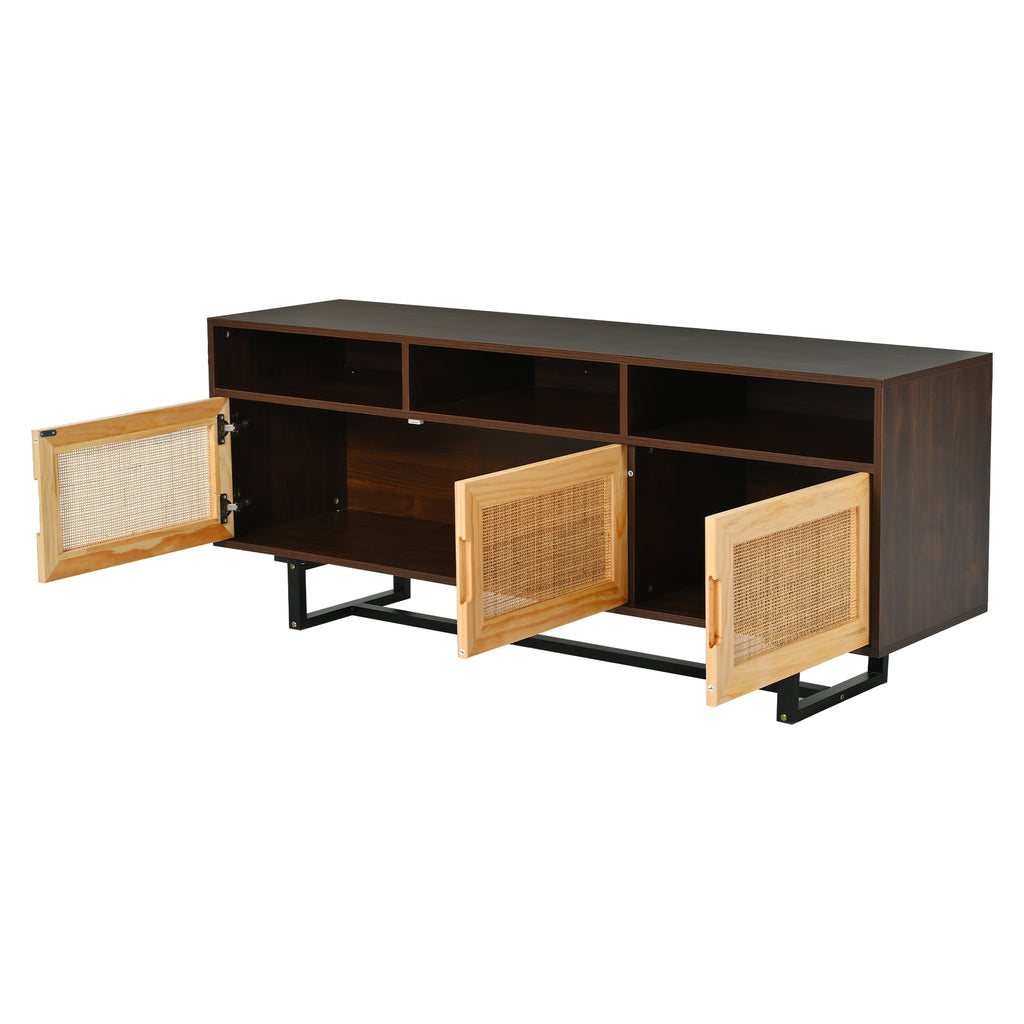 Leoglint TREXM Retro Rattan TV Stand 3-door Media Console with Open Shelves for TV Stand under 75''(Walnut)