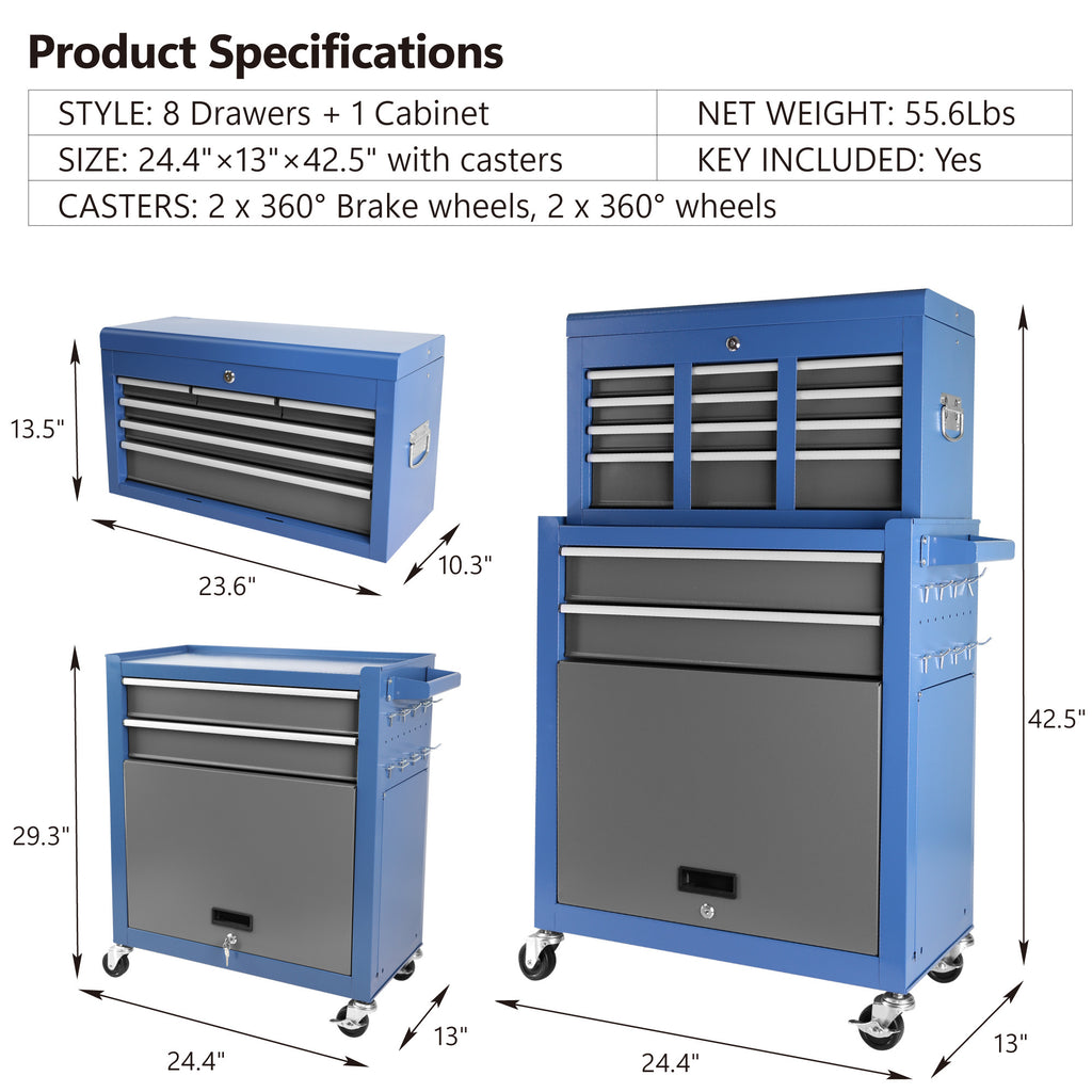 Leoglint Rolling Tool Chest with Wheels 8 Drawers, Assembled Tool Cabinet Combo with Drawers, Detachable Organizer Tool Chests, Mobile Lockable Tool Box for Workshop Mechanics Garage