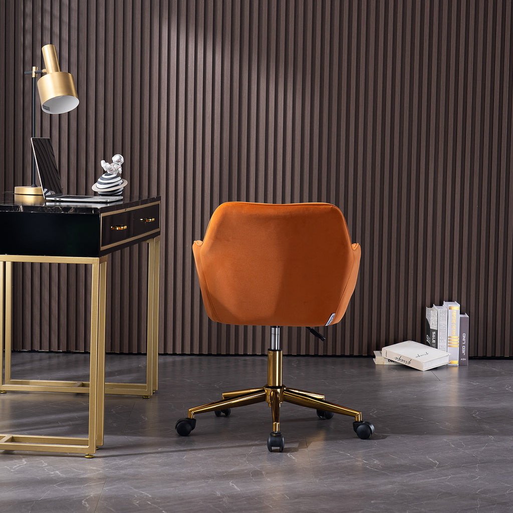 Leoglint Modern Velvet Fabric Material Adjustable Height 360 revolving Home Office Chair with Gold Metal Legs and Universal Wheels for Indoor,Orange