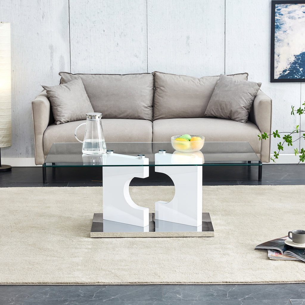 Leoglint A rectangular modern and fashionable coffee table with tempered glass tabletop and white MDF legs. Suitable for living room.47.2"*25.5"*18"