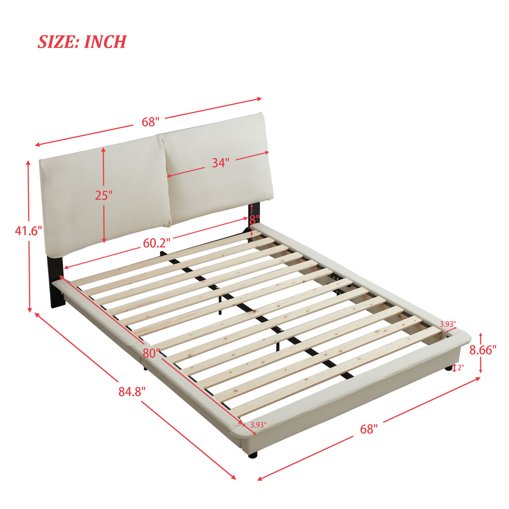 Queen Size Upholstered Platform Bed Frame with Sensor Light and Ergonomic Design Backrests, White