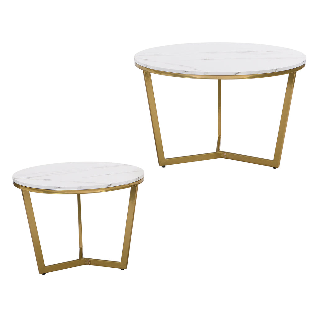 Leoglint Modern Round Nesting Coffee Table Set 2-Piece White & Marbling Top Gold Base