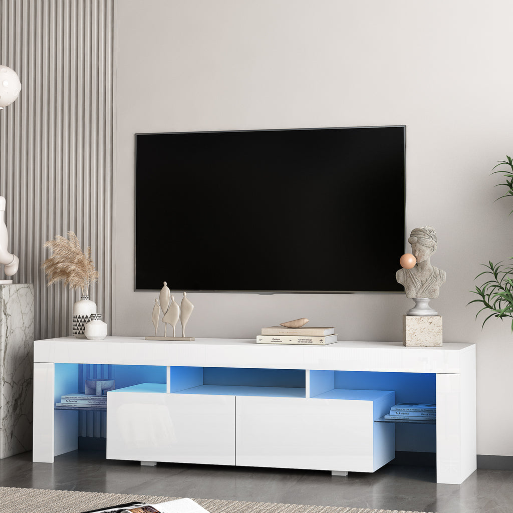 Leoglint High gloss TV Stand with LED Lights for TVs up to 65'', Modern TV Console with Storage Cabinets for Living Room