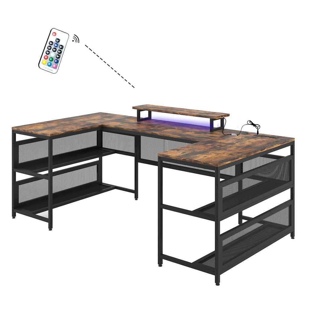 Leoglint U-shaped Office Desk with Shelve and LED lights