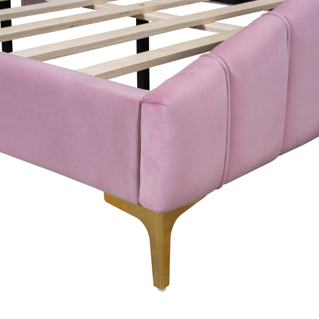 Queen Size Velvet Platform Bed Frame with Thick Fabric, Stylish Stripe Decorated Bedboard and Elegant Metal Bed Leg, Pink