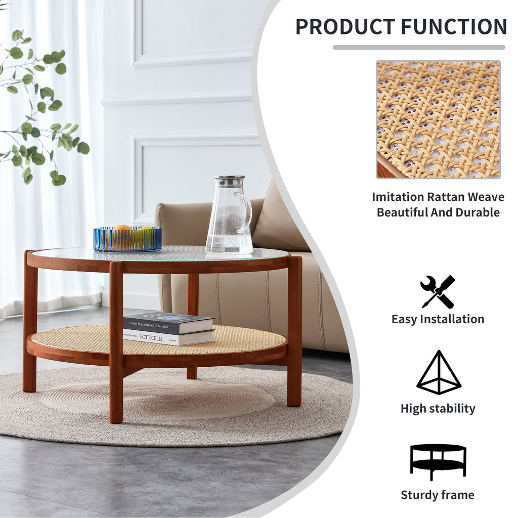 Leoglint Modern minimalist circular double-layer solid wood coffee table, craft glass tabletop, second layer material: PE rattan, solid wood frame. 34.6 '* 34.6' * 17.7''