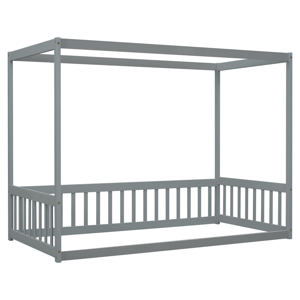 Leoglint Twin Size Canopy Frame Floor Bed Frame with Fence, Guardrails,Grey