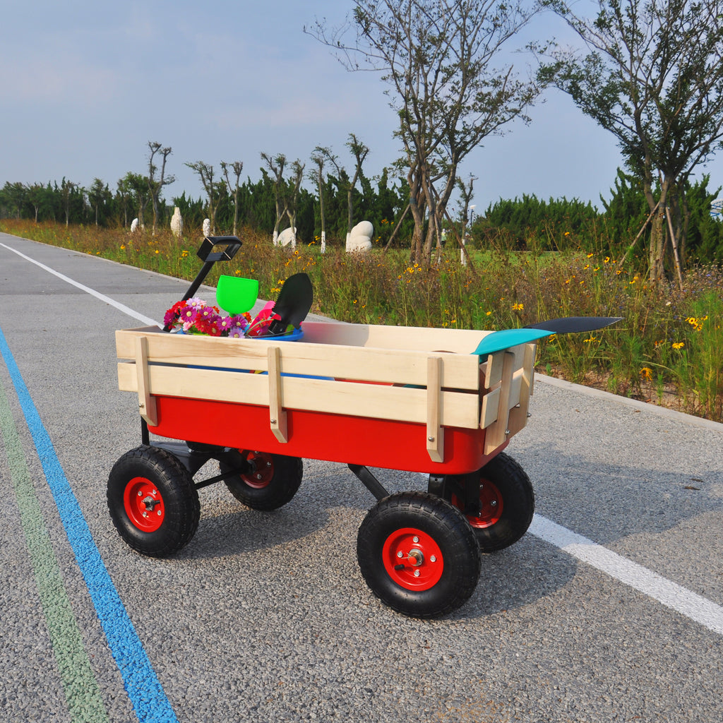 Leoglint Garden cart outdoor sport wagon tools cart wooden side panels air tires Wagon (red)