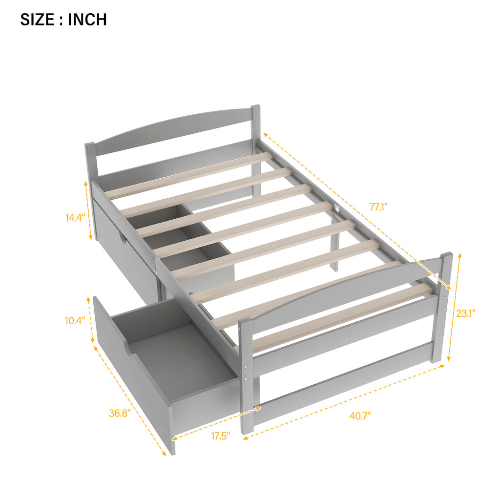 Leoglint Twin size platform bed frame, with two drawers, gray