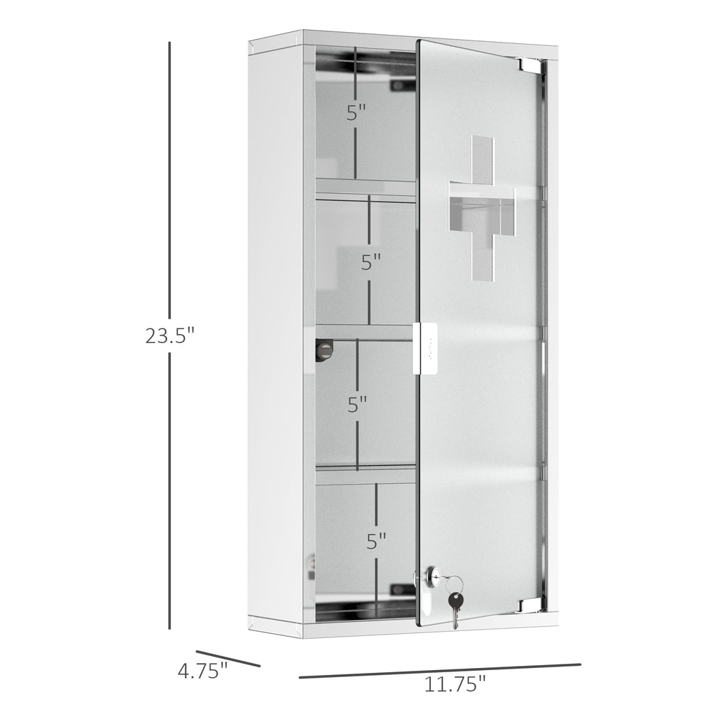 Leoglint kleankin Wall Mounted Medicine Cabinet, Locking Wall Cabinet with 4 Tier Shelves, Stainless Steel Frame and Glass Door, Lockable with 2 Keys, Silver, 12" x 24"