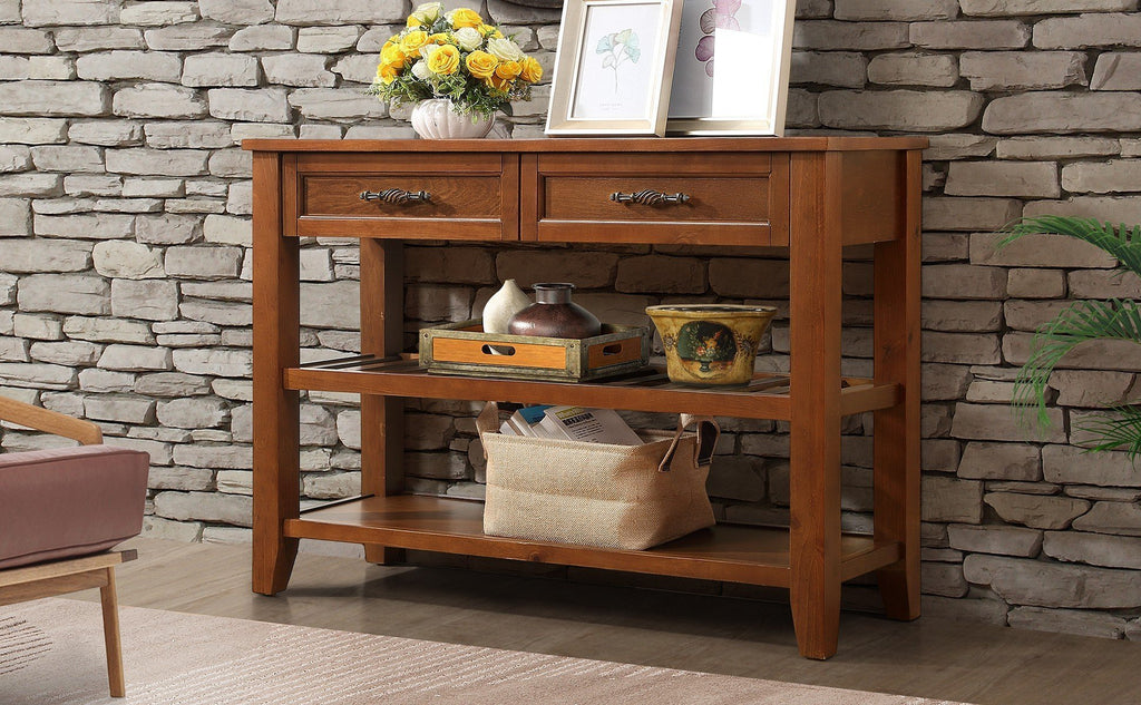 Leoglint Console Sofa Table with 2 Storage Drawers and 2 Tiers Shelves, Mid-Century Style 42'' Solid Wood Buffet Sideboard for Living Room Furniture Kitchen Dining Room Entryway Hallway, Brown