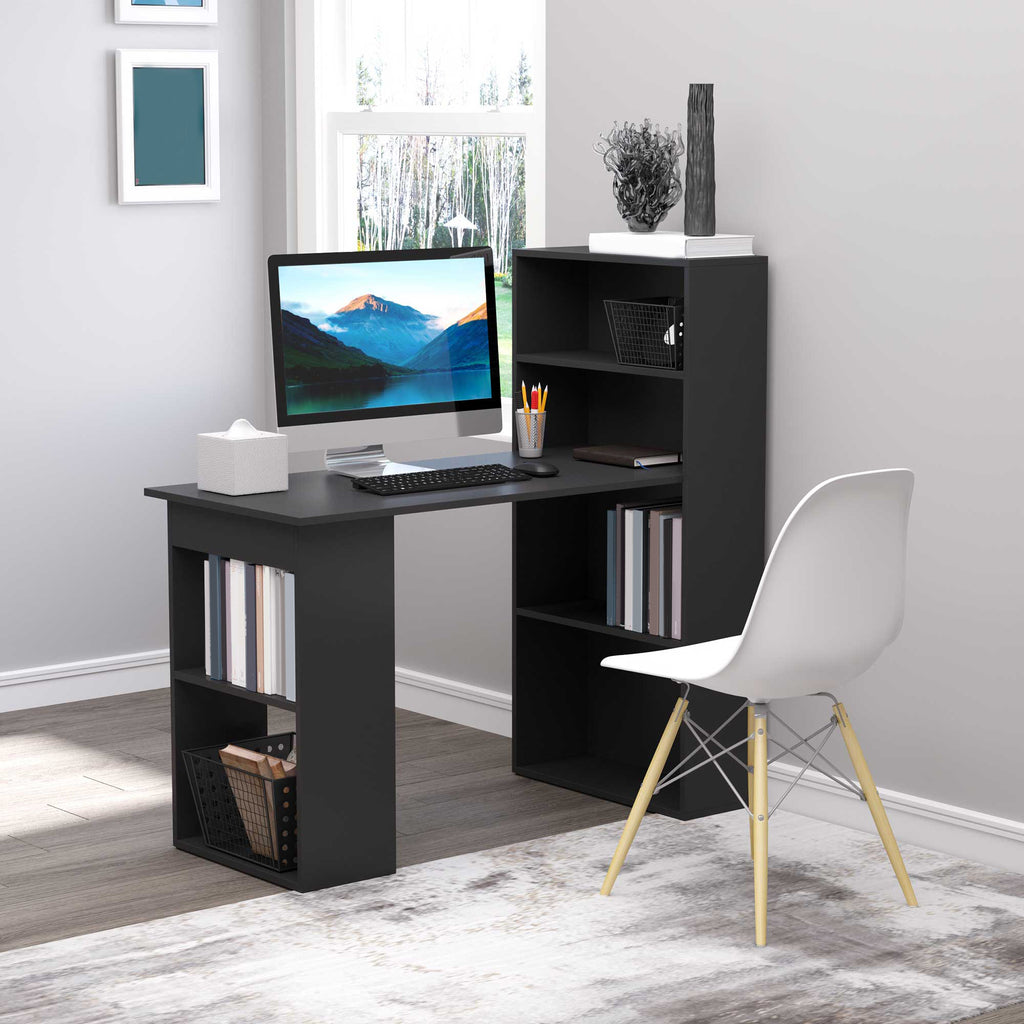 Leoglint Modern Home Office Desk with 6-Tier Storage Shelves, 47" Writing Table with Bookshelf, Black