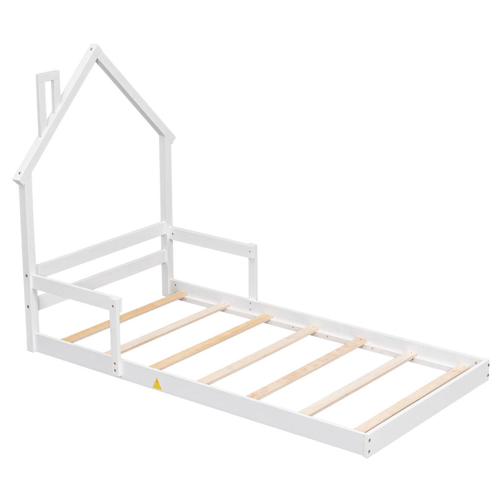 Twin House-Shaped Headboard Floor Bed Frame with Handrails ,slats,White