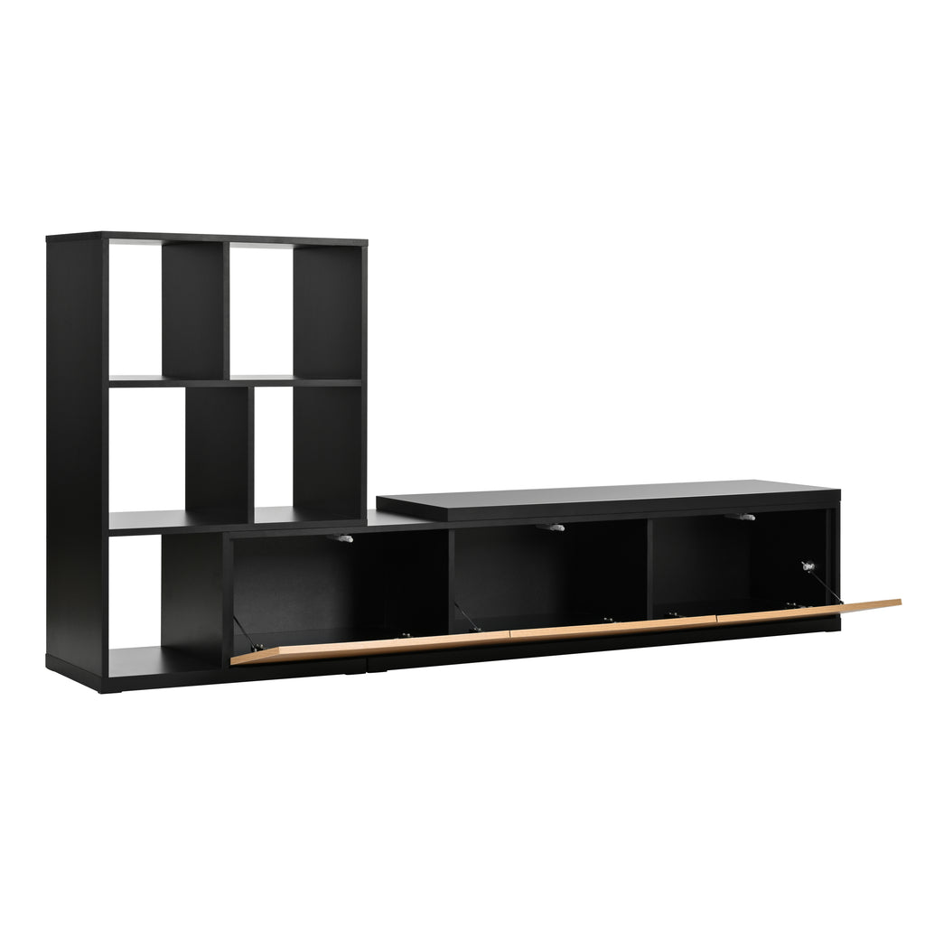 Leoglint ON-TREND 74.8''-126'' Extendable TV Stand with 3 Tier Bookshelves for TVs up to 110'', Adjustable Entertainment Center with Storage Cabinets, Sliding Tabletop Media Console for Living Room, Black