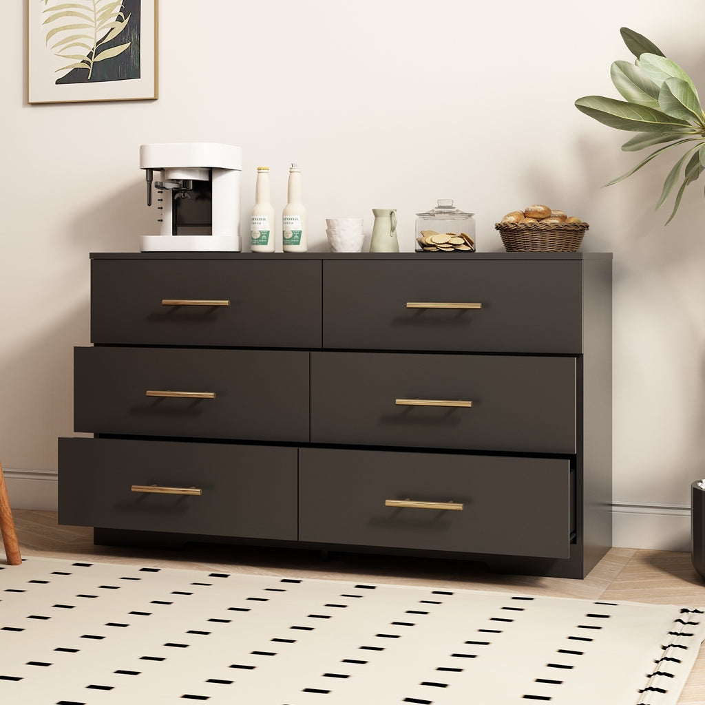 Leoglint Drawer Chest Black color Large 6 drawers chest of drawer dressers table with golden handle