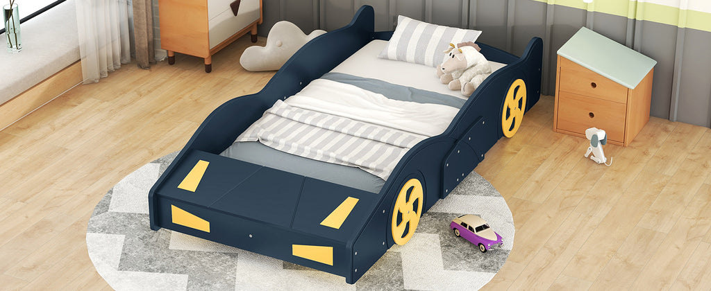 Leoglint Twin Size Race Car-Shaped Platform Bed Frame with Wheels and Storage, Dark Blue+Yellow